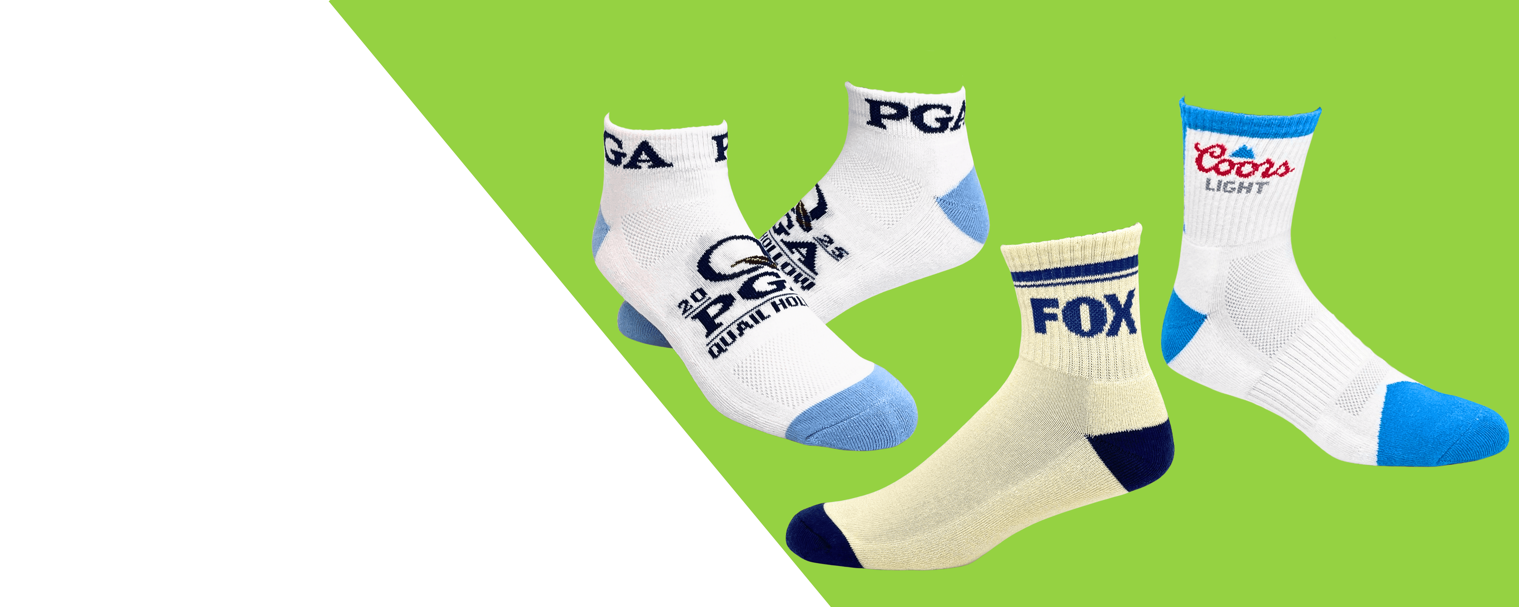 Custom Sock Source - Custom Logo Socks That Make Your Brand Stand Out Custom ankle socks featuring branded logos and designs on a green background Coors light Fox PGA