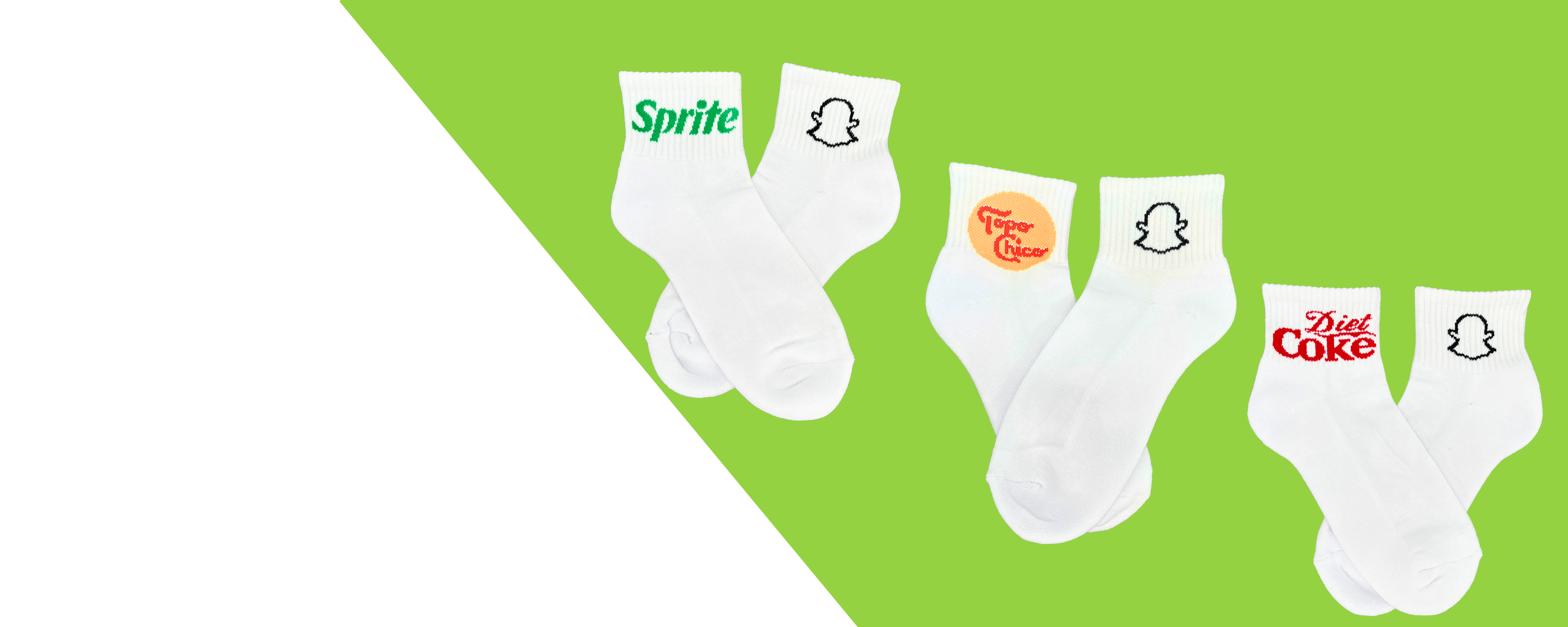 Custom Sock Source - Custom Logo Socks That Make Your Brand Stand Out Custom ankle socks featuring branded logos and designs on a green background Sprite Snapchat Topo Chico Diet Coke