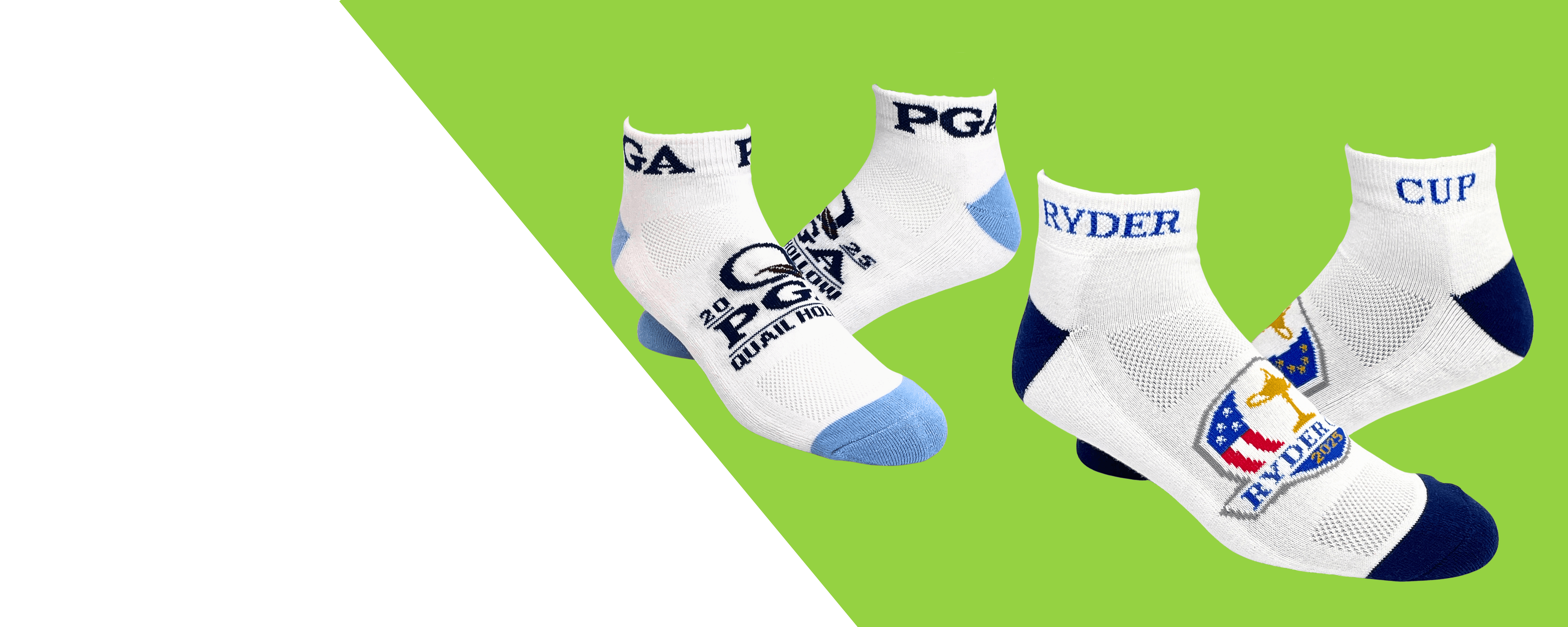 Custom Sock Source - Custom Logo Socks That Make Your Brand Stand Out Assorted custom ankle socks with embroidered logos and color accents displayed on a green background Ryder Cup PGA Golf