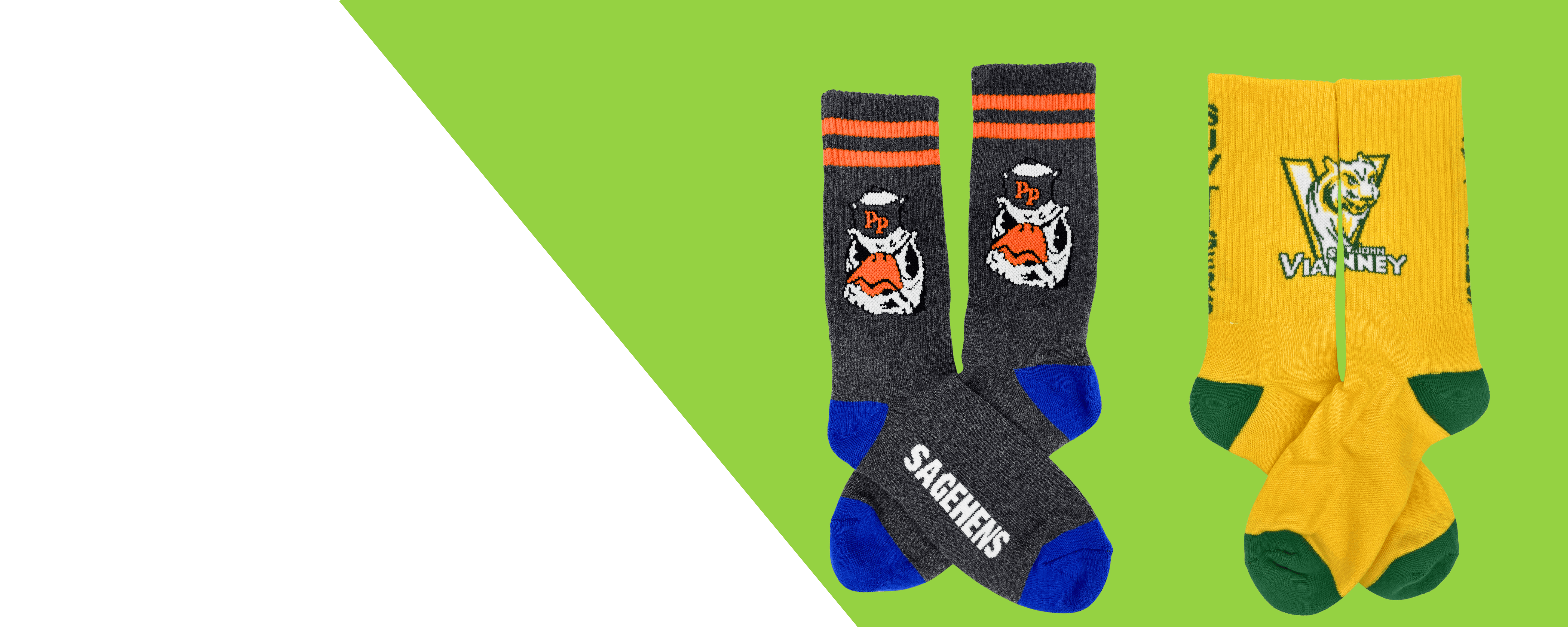 Custom Sock Source - Custom Logo Socks That Make Your Brand Stand Out Custom crew socks featuring school logos and mascot designs on a green background
