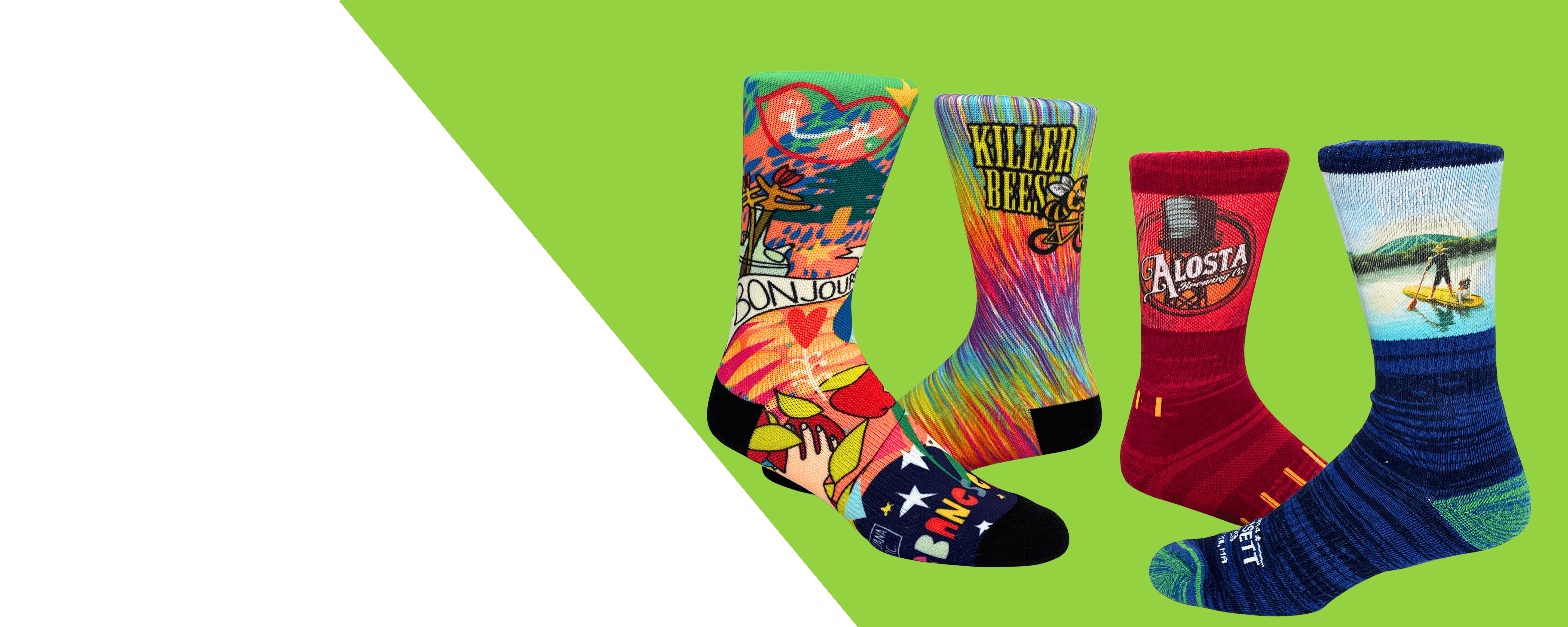 Custom Sock Source - Custom Logo Socks That Make Your Brand Stand Out Assorted custom crew socks featuring bold artwork, logos, and scenic designs on a green background